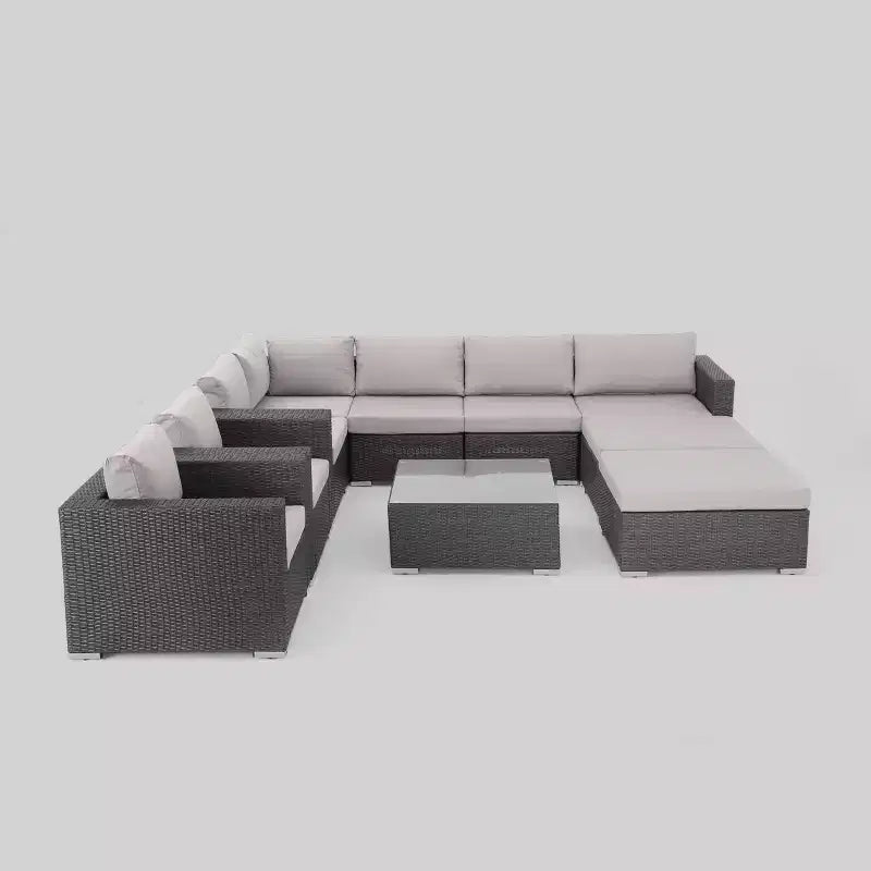 Ensemble de canapé d'angle de terrasse 10 pièces en osier Santa Rosa : Salon de jardin moderne gris, résistant aux intempéries, cadre en aluminium, coussins amovibles