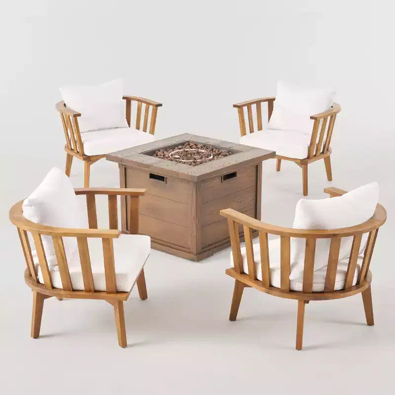 Walson Ensemble de 5 fauteuils de club et foyer en bois d'acacia, teck et brun – Christopher Knight Home : Salon de jardin d'extérieur avec coussins