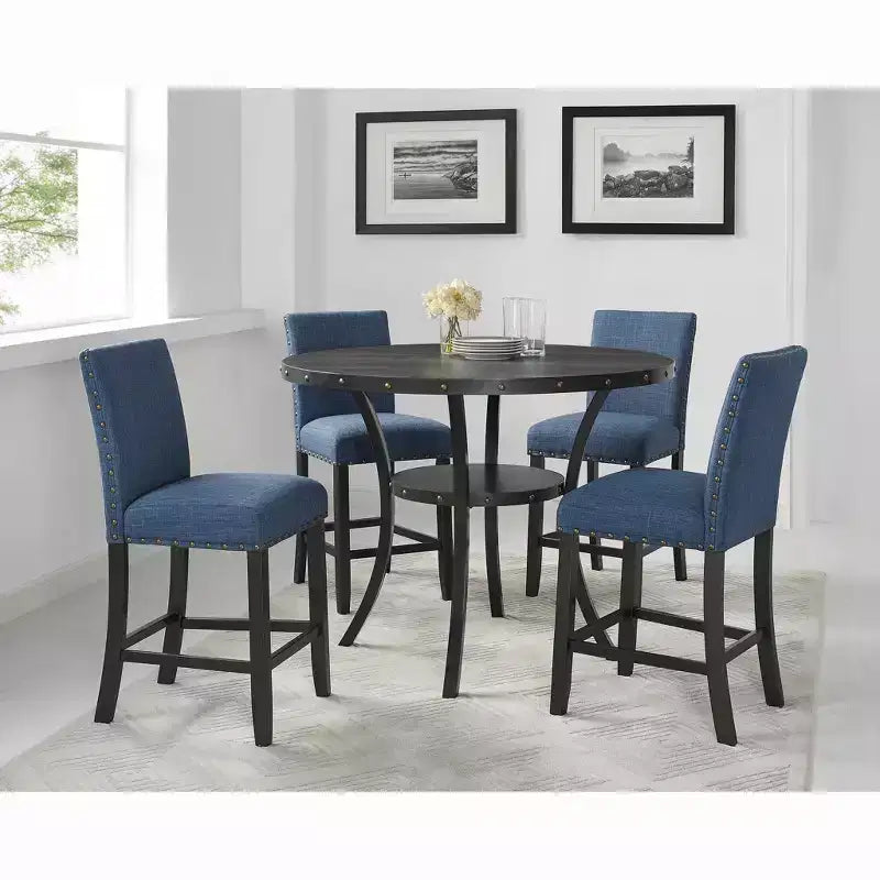 Roundhill Furniture Biony Espresso Wood Counter Height Dining Set with Blue Fabric Nailhead Stools