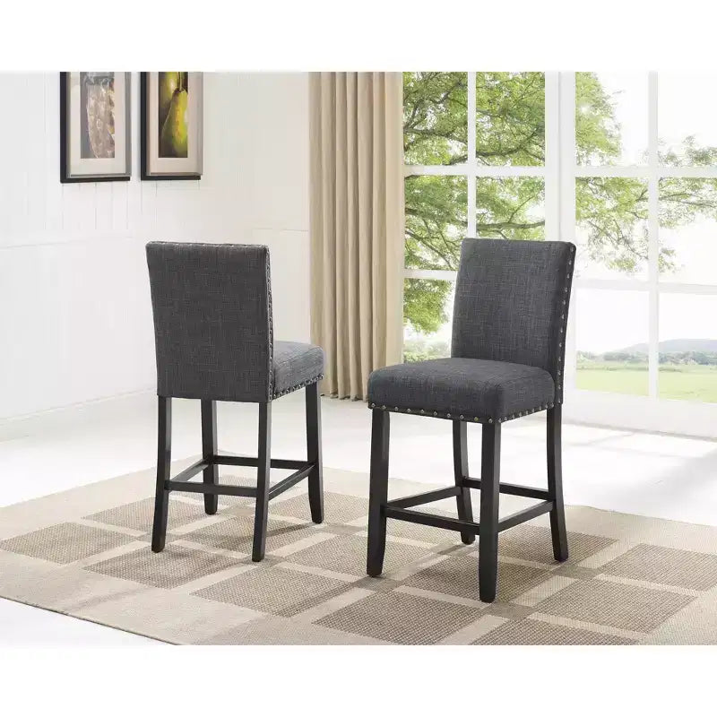 Ensemble de salle à manger Biony en bois espresso de hauteur comptoir avec tabourets gris en tissu clouté