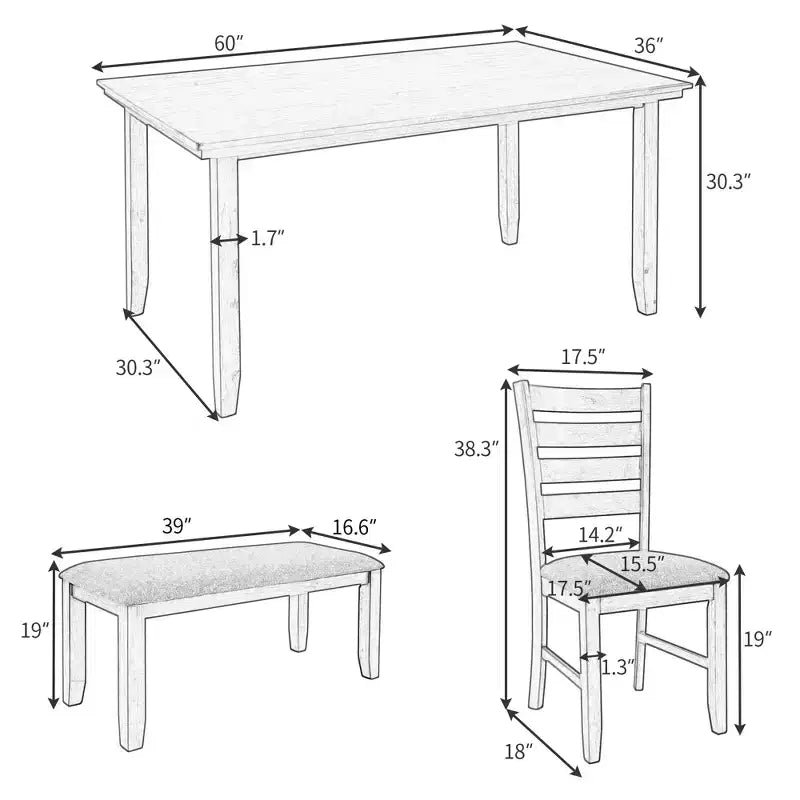 Ensemble de salle à manger rustique Whisen 6 pièces en bois avec 4 chaises et un banc