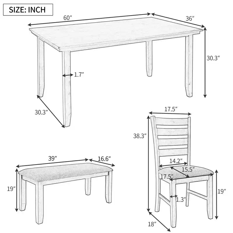 Ensemble de salle à manger rustique Whisen 6 pièces en bois avec 4 chaises et un banc