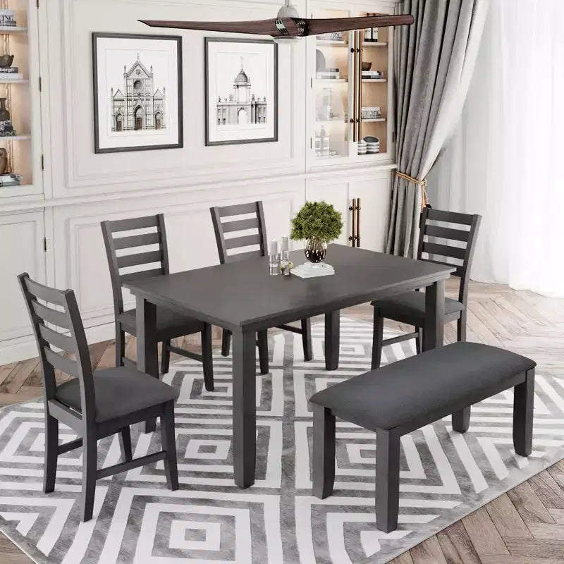 Whisen 6-Piece Rustic Wood Dining Room Set with 4 Chairs and Bench