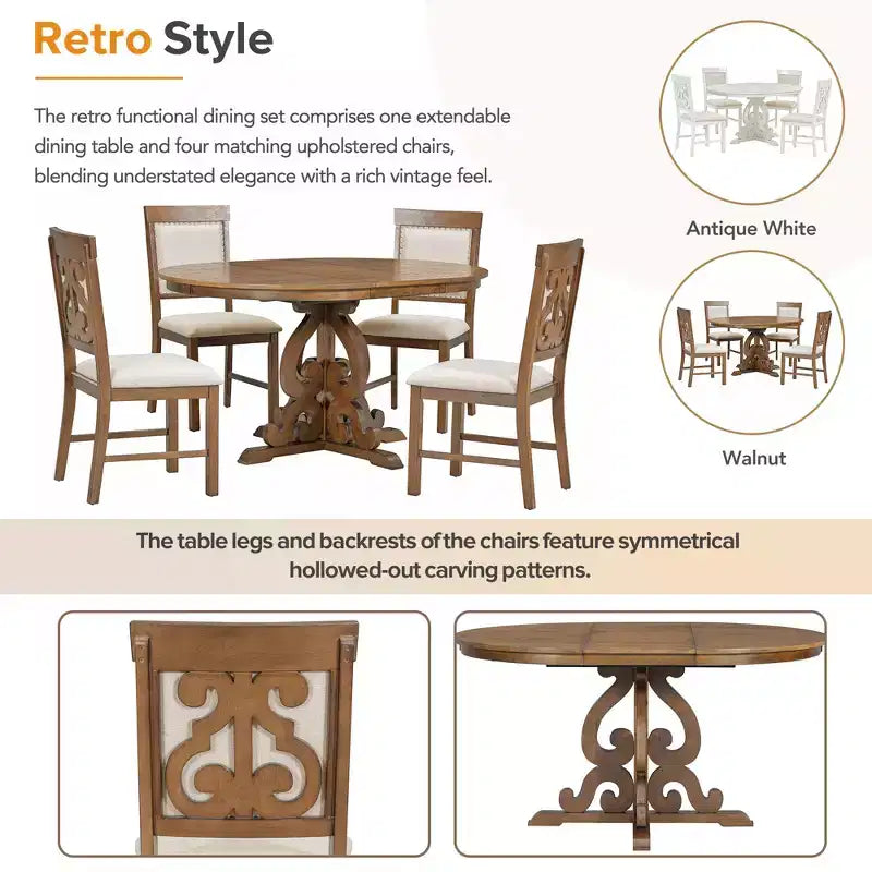 Ensemble de salle à manger extensible Whisen Retro 5 pièces avec rallonge de 16 pouces et 4 chaises rembourrées