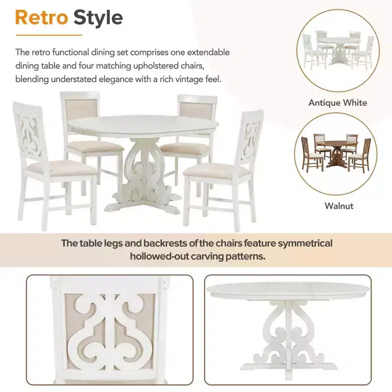 Ensemble de salle à manger extensible Whisen Retro 5 pièces avec rallonge de 16 pouces et 4 chaises rembourrées