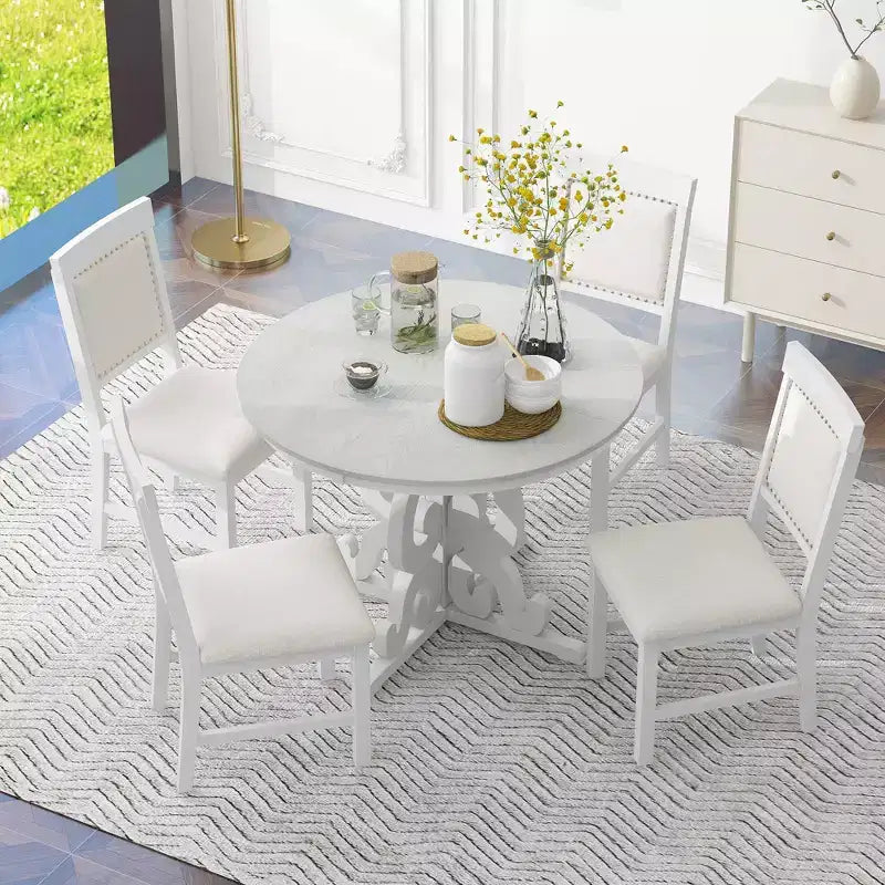 Whisen Retro 5 Piece Extendable Dining Set with 16-inch Leaf and 4 Upholstered Chairs