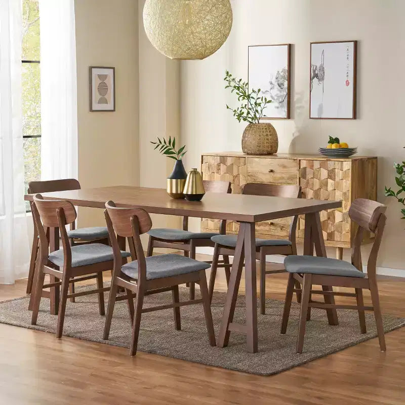 GDFStudio Alexis - Ensemble de salle à manger 7 pièces mi-moderne en tissu et bois d'hévéa rembourré