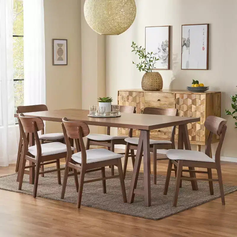 GDFStudio Alexis - Ensemble de salle à manger 7 pièces mi-moderne en tissu et bois d'hévéa rembourré