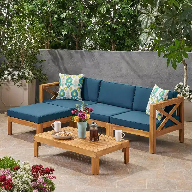 GDFStudio Allaire Canapé sectionnel 3 places en bois d'acacia avec pouf