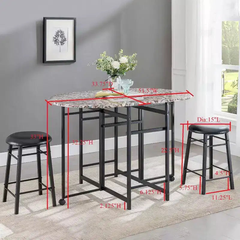 Kings Brand Furniture Ensemble de salle à manger 3 pièces Akins avec plateau de table imitation marbre et tabourets en similicuir à abattants