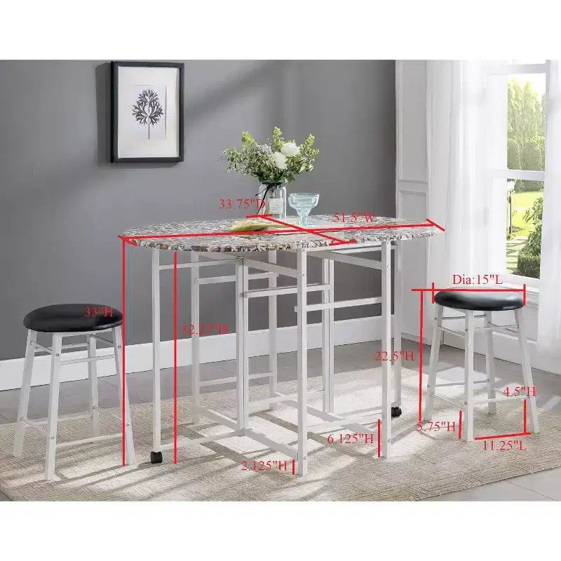 Kings Brand Furniture Ensemble de salle à manger 3 pièces Akins avec plateau de table imitation marbre et tabourets en similicuir à abattants