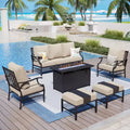 Captiva Designs 6pc Metal Patio Outdoor Conversation Fire Pit Set with Grid-back Armchairs and Ottomans for Garden, Poolside, Backyard