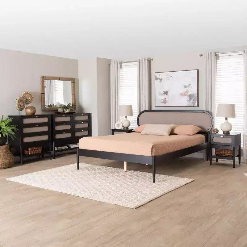 Baxton Studio Shirin Mid-Century Beige Fabric and Black Wood Queen 5-Piece Bedroom Set