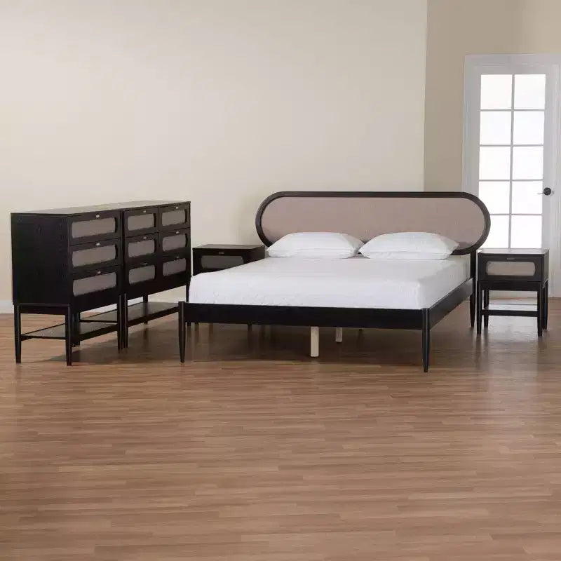 Ensemble de chambre à coucher 5 pièces Queen Baxton Studio Shirin, tissu beige et bois noir, style milieu de siècle