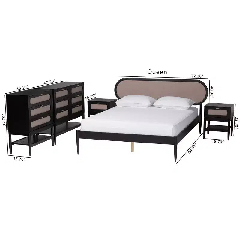 Ensemble de chambre à coucher 5 pièces Queen Baxton Studio Shirin, tissu beige et bois noir, style milieu de siècle