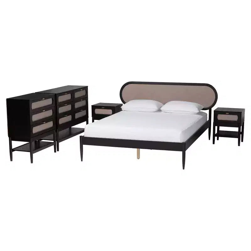 Ensemble de chambre à coucher 5 pièces Queen Baxton Studio Shirin, tissu beige et bois noir, style milieu de siècle