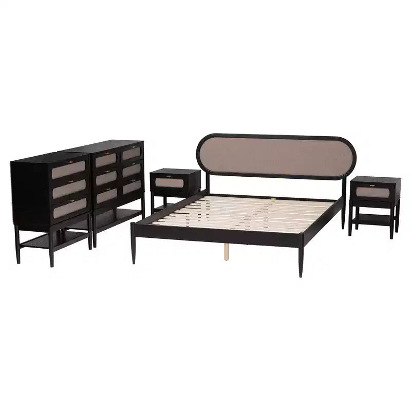 Ensemble de chambre à coucher 5 pièces Queen Baxton Studio Shirin, tissu beige et bois noir, style milieu de siècle