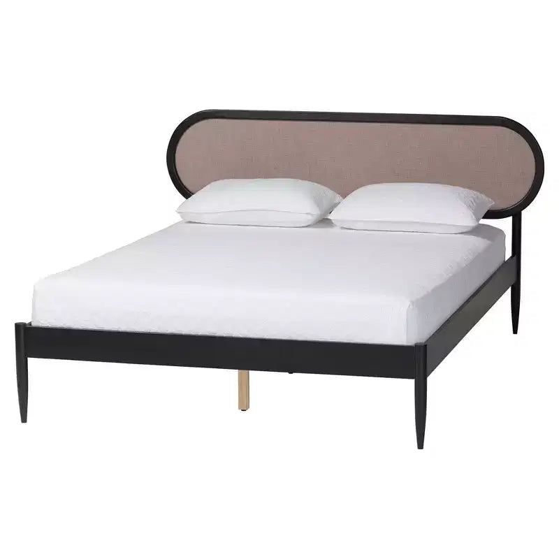 Ensemble de chambre à coucher 5 pièces Queen Baxton Studio Shirin, tissu beige et bois noir, style milieu de siècle