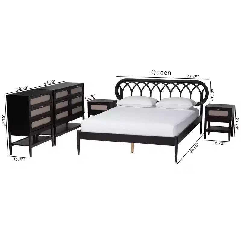Ensemble de chambre à coucher 5 pièces Florica Art déco en bois noir Queen de Baxton Studio