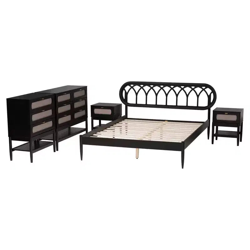 Ensemble de chambre à coucher 5 pièces Florica Art déco en bois noir Queen de Baxton Studio