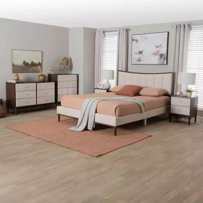 Baxton Studio Nikolai Mid-Century Channel Tufted Beige Fabric and Wenge Brown Wood 5-Piece Queen Bedroom Set