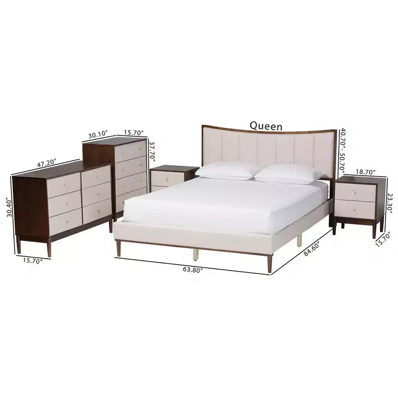 Ensemble de chambre à coucher 5 pièces Queen Baxton Studio Nikolai avec tissu tufté beige et bois brun wengé, style Mid-Century