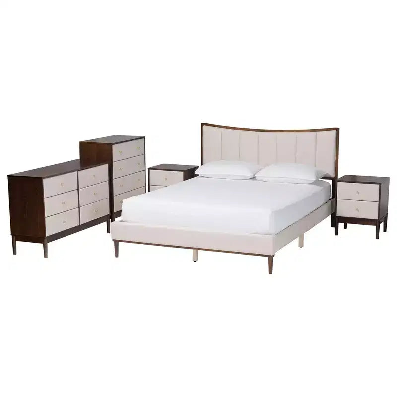 Ensemble de chambre à coucher 5 pièces Queen Baxton Studio Nikolai avec tissu tufté beige et bois brun wengé, style Mid-Century