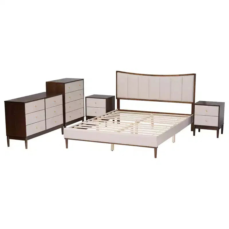 Ensemble de chambre à coucher 5 pièces Queen Baxton Studio Nikolai avec tissu tufté beige et bois brun wengé, style Mid-Century