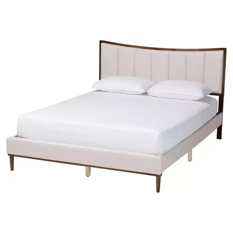 Ensemble de chambre à coucher 5 pièces Queen Baxton Studio Nikolai avec tissu tufté beige et bois brun wengé, style Mid-Century