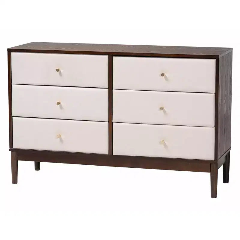 Ensemble de chambre à coucher 5 pièces Queen Baxton Studio Nikolai avec tissu tufté beige et bois brun wengé, style Mid-Century