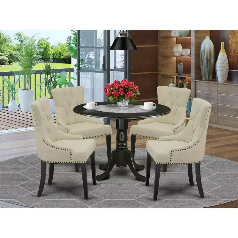 HomeStock 5Pc Dining Set Includes a Round Dinette Table with Drop Leaves and Four Parson Chairs with Light Beige Fabric, Black Finish