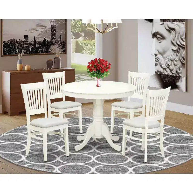 HomeStock Anva5 Round Dining Set Modern Linen White