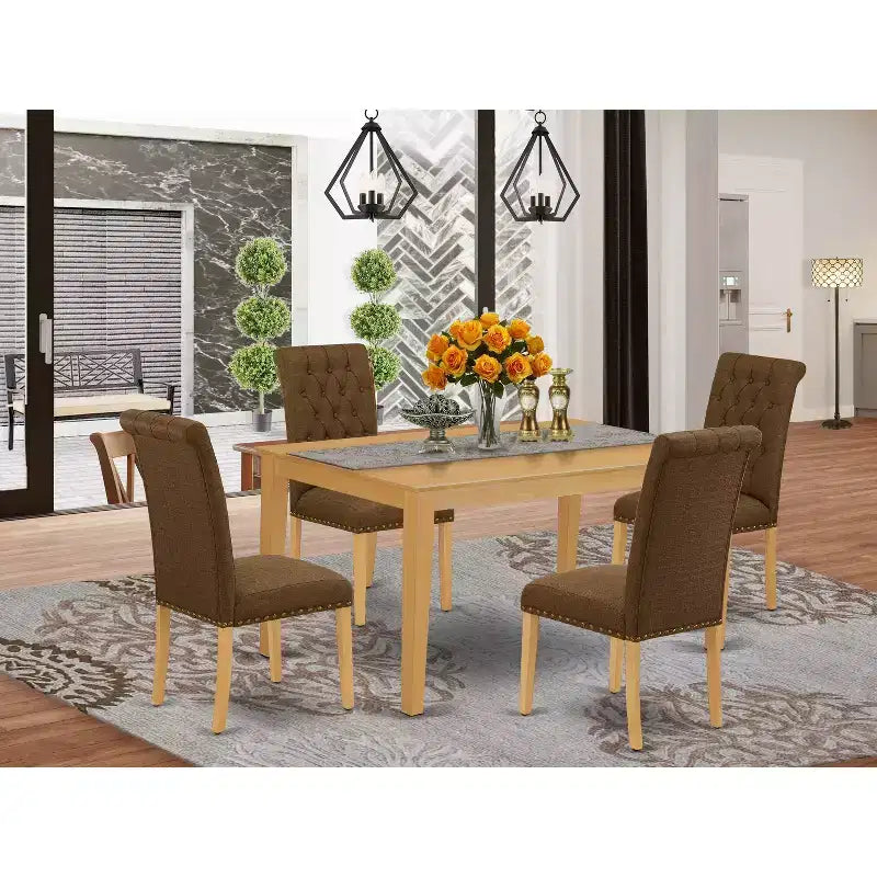 HomeStock 5 Piece Oak Linen Fabric Dining Room Set