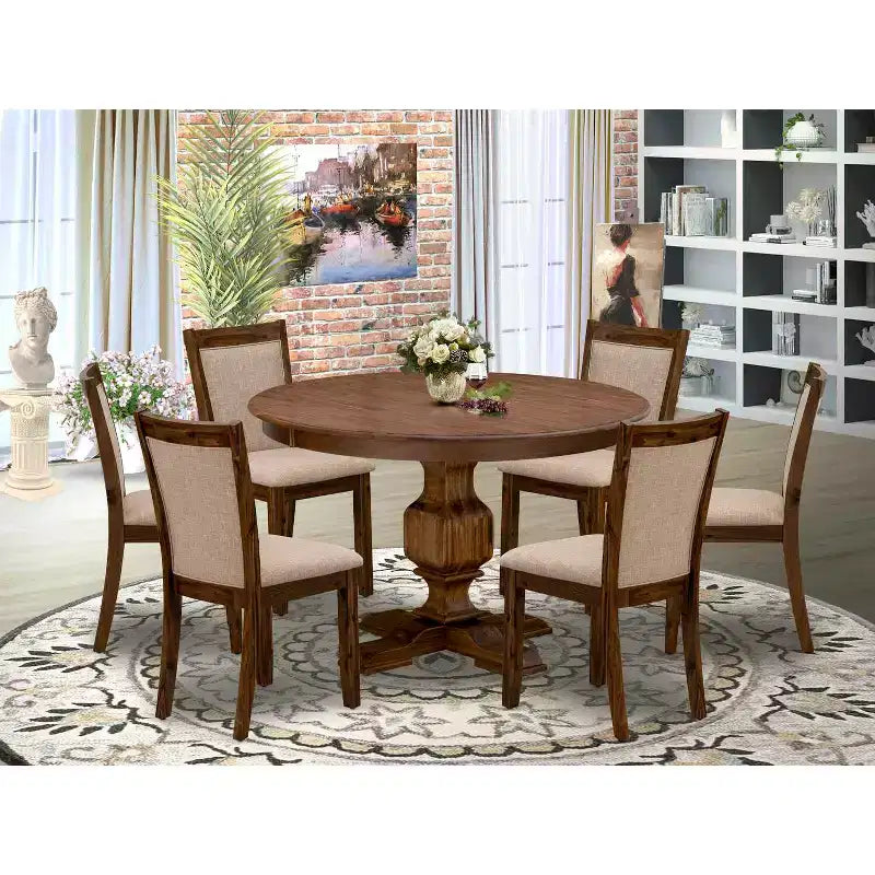 HomeStock Modern Round Dining Table Set Walnut Linen Chairs