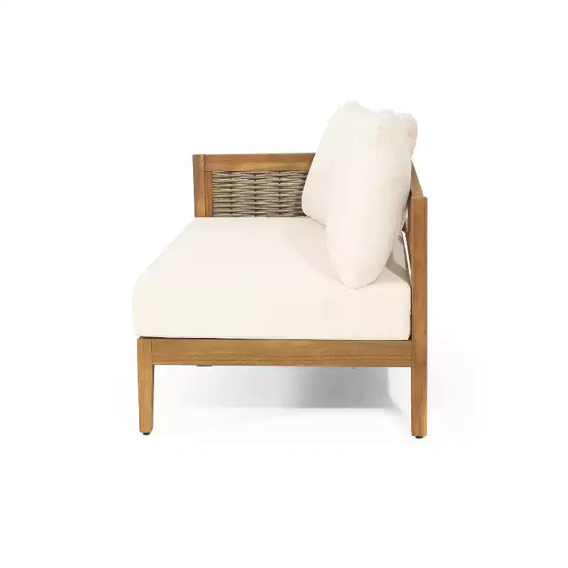 Ensemble de canapé d'angle 5 places d'extérieur GDFStudio Hiland en bois d'acacia et osier rond avec coussins, teck/beige