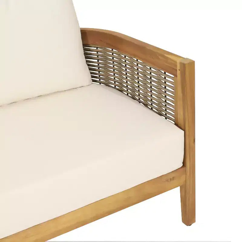 Ensemble de canapé d'angle 5 places d'extérieur GDFStudio Hiland en bois d'acacia et osier rond avec coussins, teck/beige