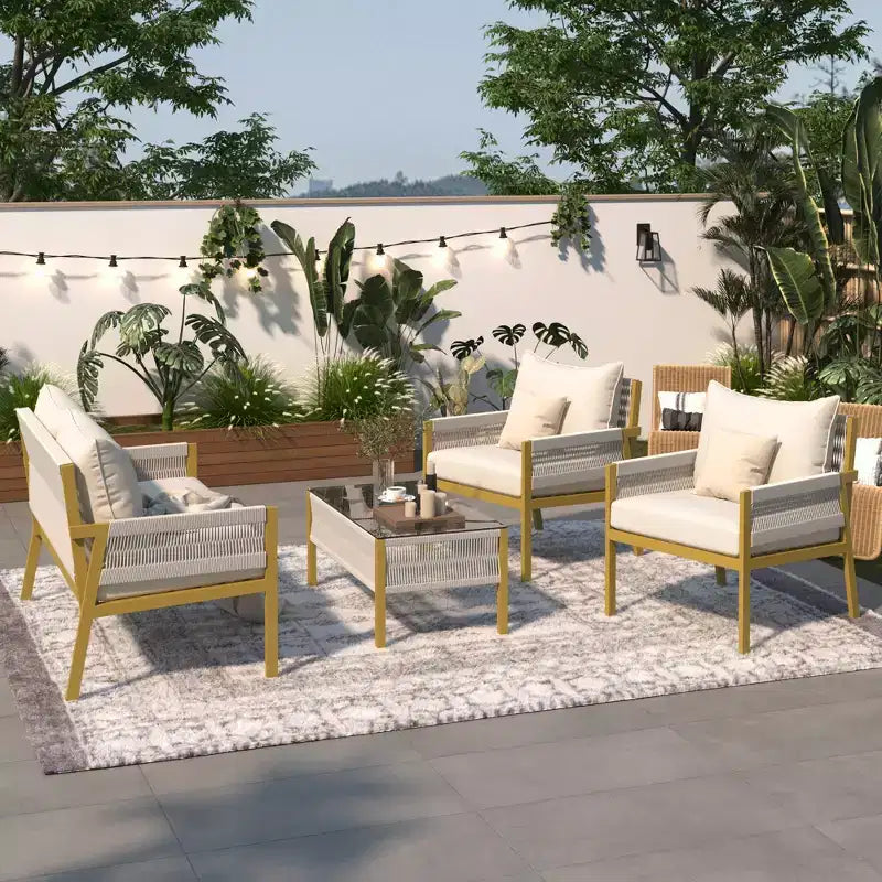 Whisen 4-Piece Outdoor Furniture with Tempered Glass Table, Patio Conversation Set