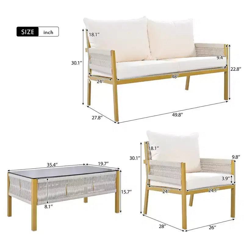 Ensemble de meubles d'extérieur 4 pièces Whisen avec table en verre trempé, salon de jardin