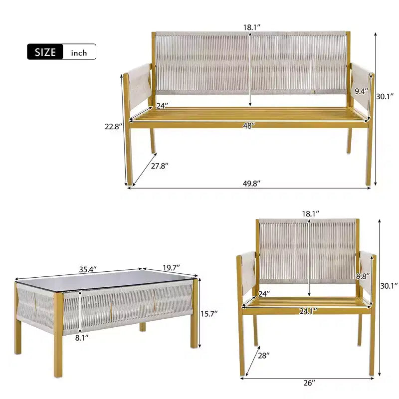Ensemble de meubles d'extérieur 4 pièces Whisen avec table en verre trempé, salon de jardin