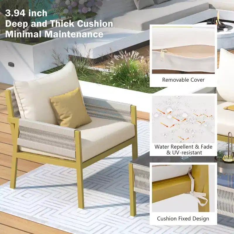Ensemble de meubles d'extérieur 4 pièces Whisen avec table en verre trempé, salon de jardin