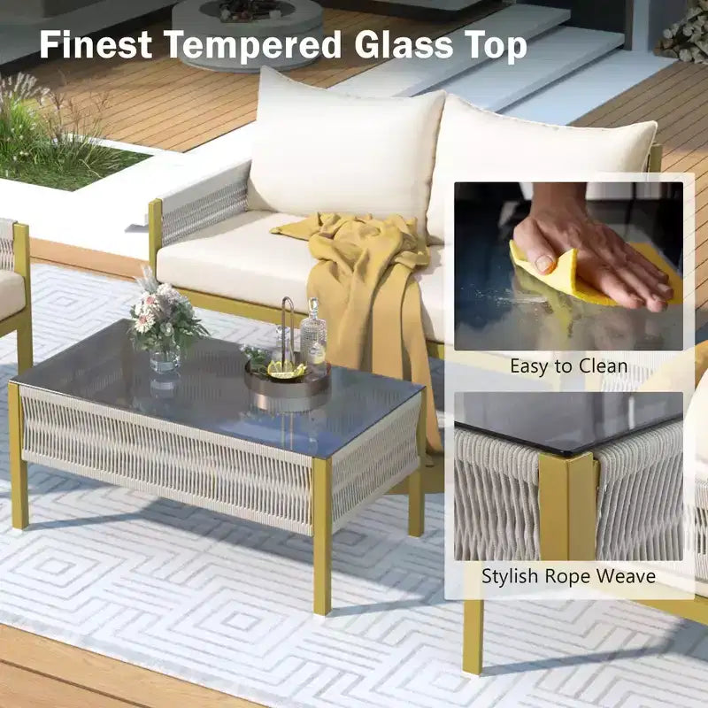 Ensemble de meubles d'extérieur 4 pièces Whisen avec table en verre trempé, salon de jardin