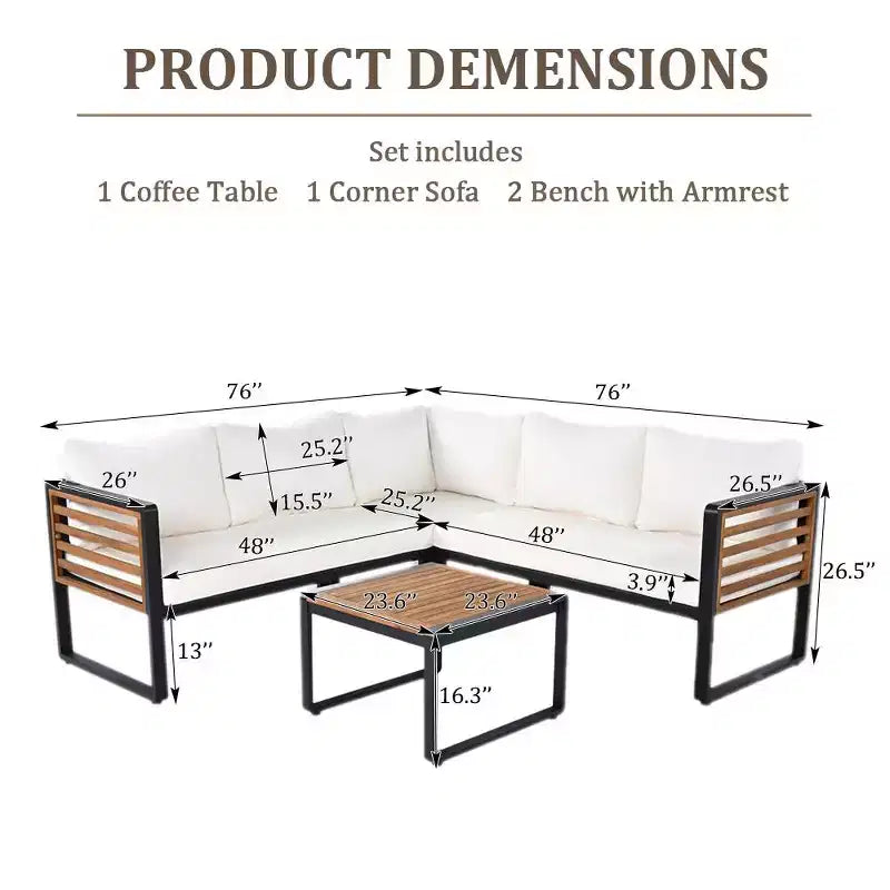 Ensemble de conversation d'extérieur 4 pièces Whisen en métal et bois, résistant aux intempéries, avec canapé modulable et coussins et table
