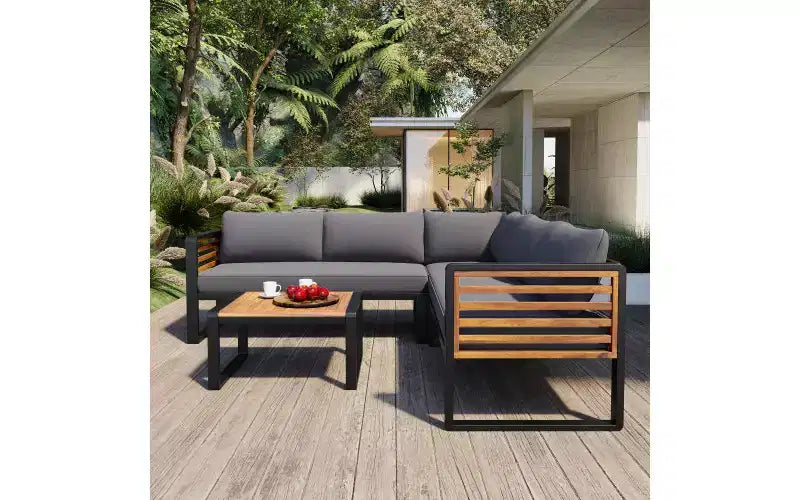Ensemble de conversation d'extérieur 4 pièces Whisen en métal et bois, résistant aux intempéries, avec canapé modulable et coussins et table