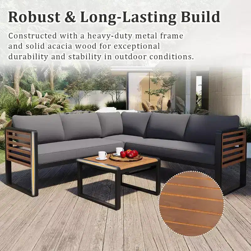 Ensemble de conversation d'extérieur 4 pièces Whisen en métal et bois, résistant aux intempéries, avec canapé modulable et coussins et table