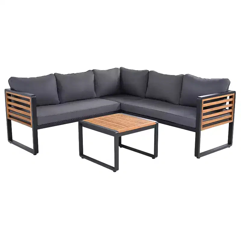 Ensemble de conversation d'extérieur 4 pièces Whisen en métal et bois, résistant aux intempéries, avec canapé modulable et coussins et table