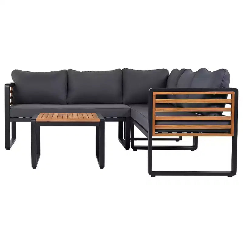Ensemble de conversation d'extérieur 4 pièces Whisen en métal et bois, résistant aux intempéries, avec canapé modulable et coussins et table