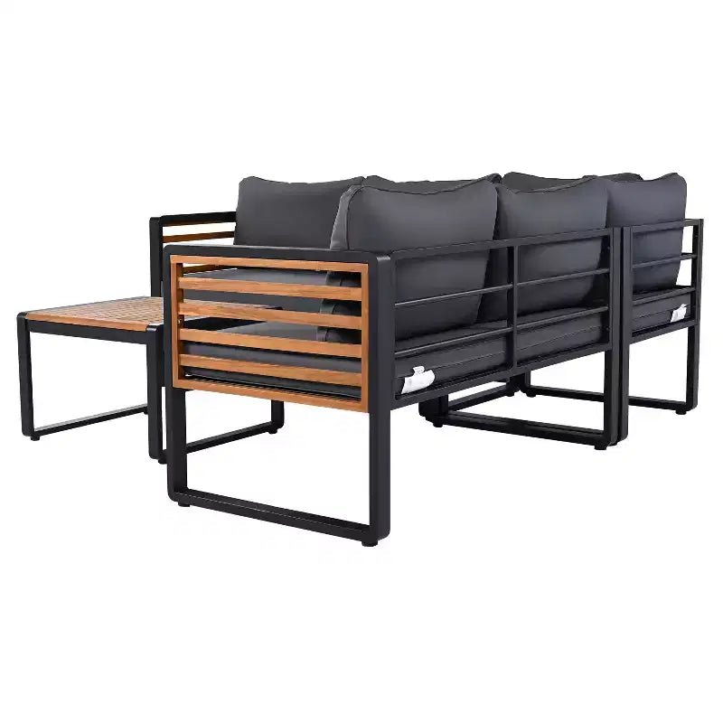 Ensemble de conversation d'extérieur 4 pièces Whisen en métal et bois, résistant aux intempéries, avec canapé modulable et coussins et table