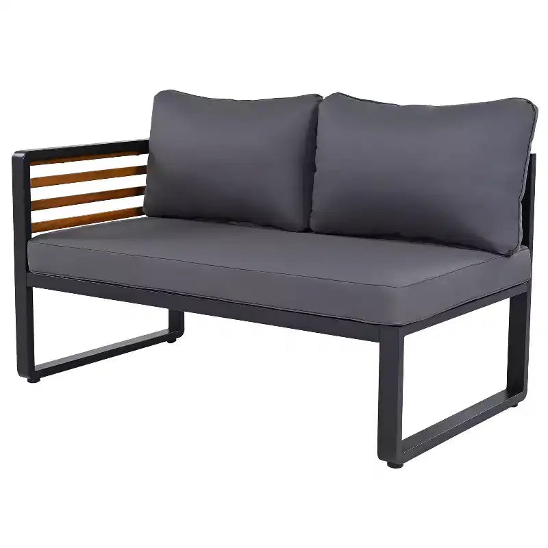 Ensemble de conversation d'extérieur 4 pièces Whisen en métal et bois, résistant aux intempéries, avec canapé modulable et coussins et table