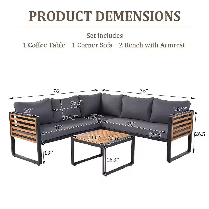 Ensemble de conversation d'extérieur 4 pièces Whisen en métal et bois, résistant aux intempéries, avec canapé modulable et coussins et table