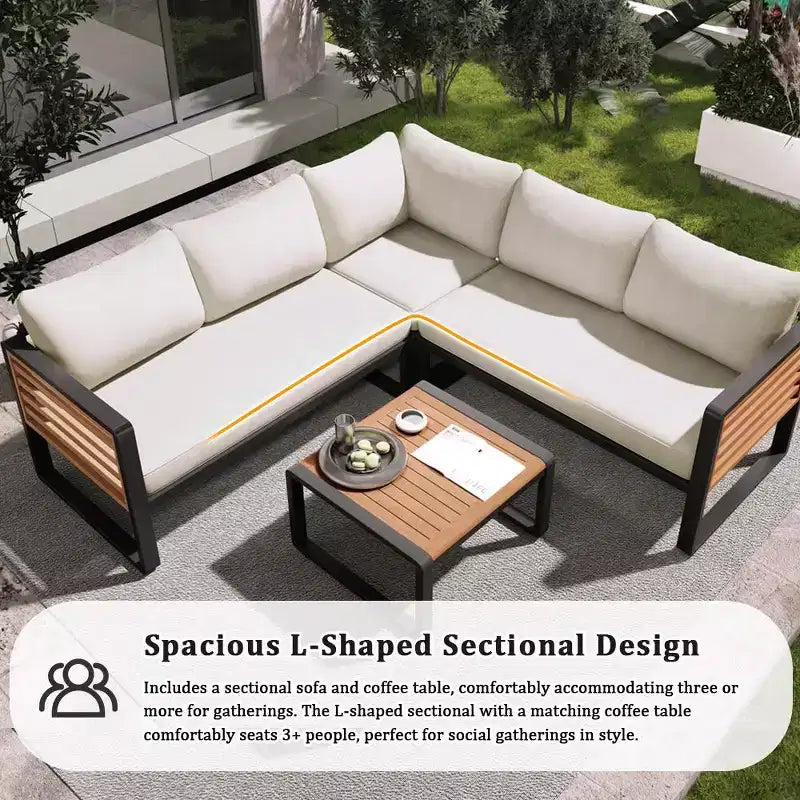 Ensemble de conversation d'extérieur 4 pièces Whisen en métal et bois, résistant aux intempéries, avec canapé modulable et coussins et table